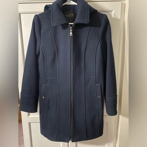 Navy blue wool jacket with zipper and removable hood
